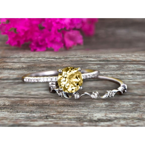 Art Deco 2 Carat 6mm Round Cut Champagne Diamond Moissanite Ring Set Engagement Ring on 10k White Gold