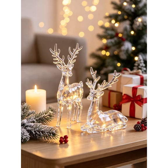 Merry Christmas Clear Acrylic Lighted Reindeer Figurines, Set of 2 Standing & Lying Crystal Deer Tabletop Decor for Christmas Home Decoration