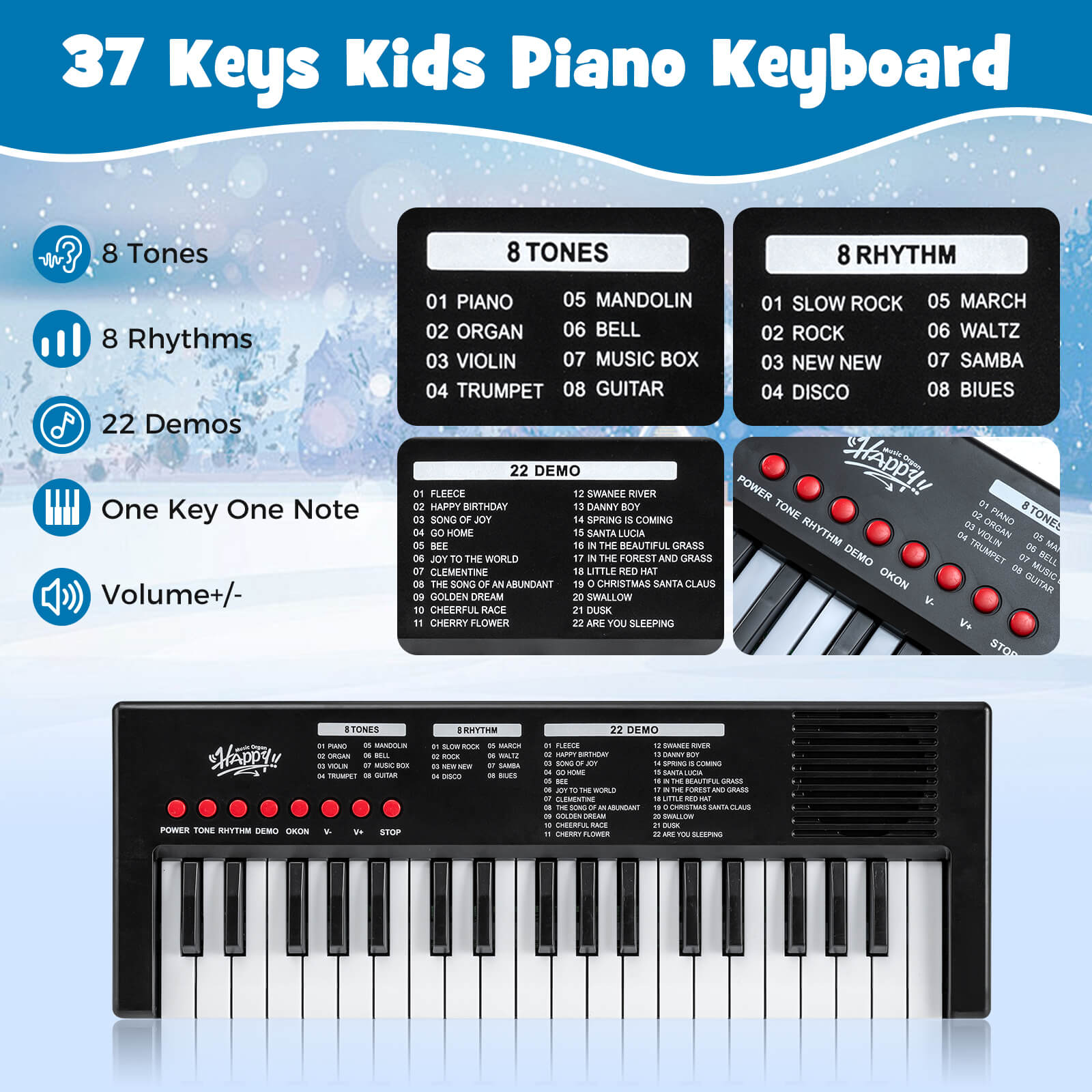 Costway Kids Piano Keyboard with 8 Rhythms 8 Tones 22 Demos for 3+ Years Old Boys & Girls Black