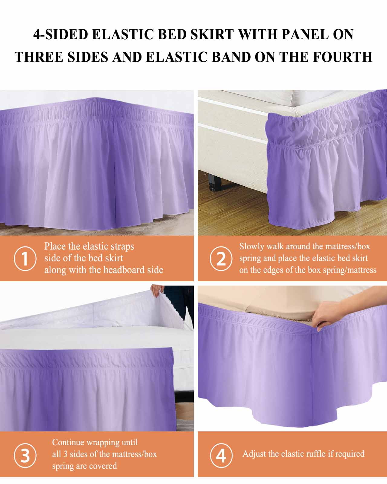 Ombre Bed Skirt Queen Size 16" Drop Violet Purple Gradient Ruffled Wrap Around Bed Skirts Adjustable Elastic Bedskirt Dust Ruffle for Queen Size Bed