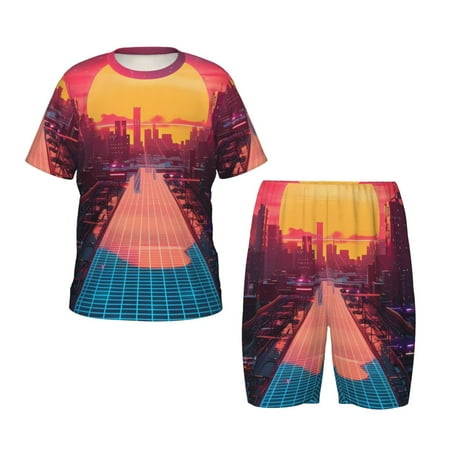 Luyuia Neon Sunset Cyberpunk Cityscape Print Girls  2-Piece Tie-Dye Pajama Set  Cute Summer Loungewear with Shirt and Tank Shorts Nightwear-X-Large