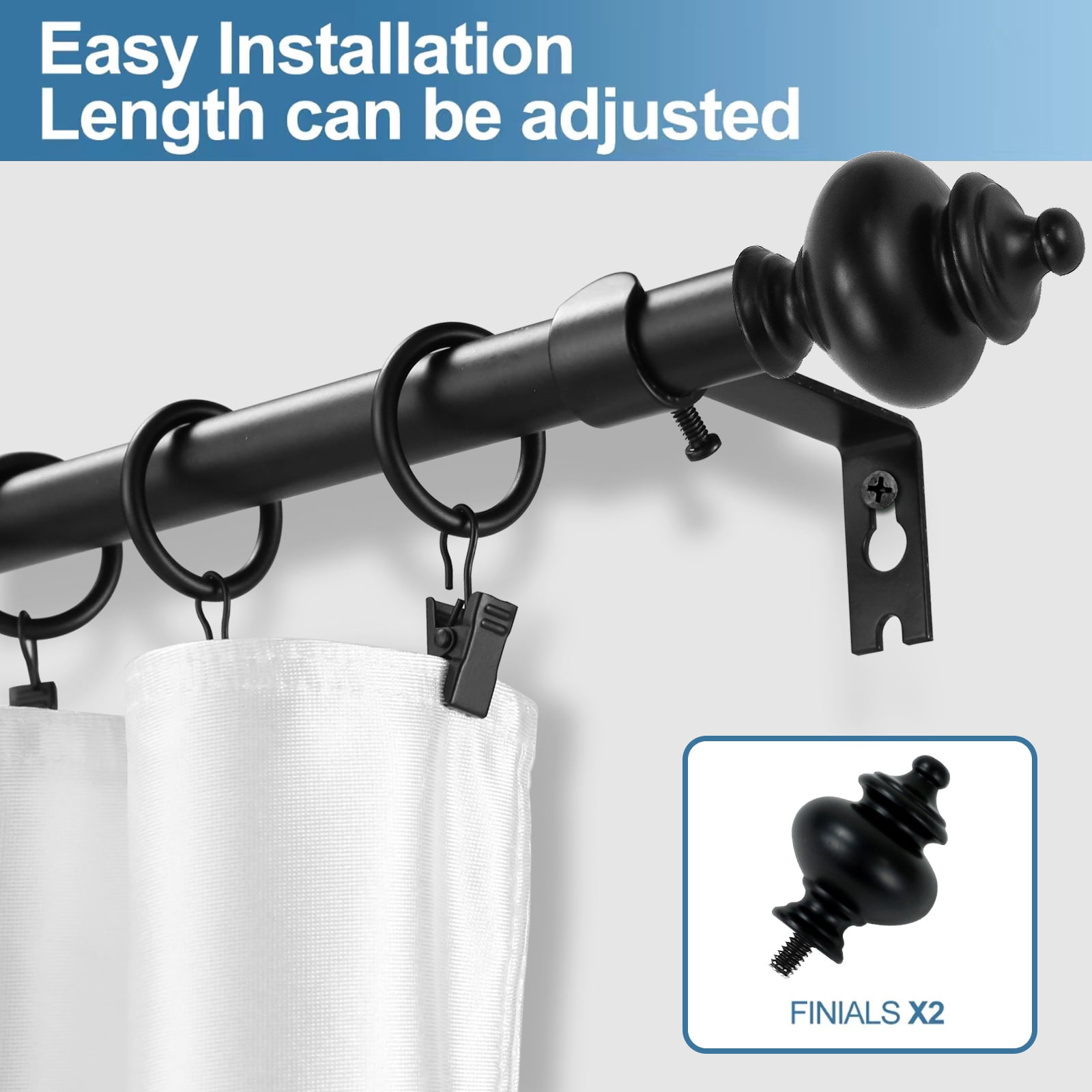 Urbanest Round Urn Curtain Rod Set With 16 Rings, 5/8", 48"-84", Black