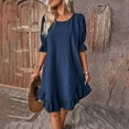 thumbnail image 4 of Solid Puff Sleeve Ruffle Hem Smock Round Neck Loose Ruched Beach Short Dress Dark Blue XXXL, 4 of 9