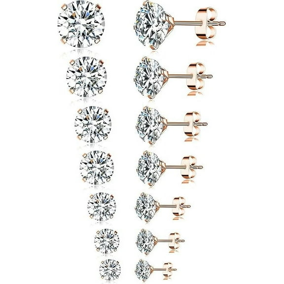 Nmkwnr 7 Pairs 2-8mm Round Cubic Zirconia Stud Earring 316L Stainless Steel Stud Earring for Women, Rose Gold