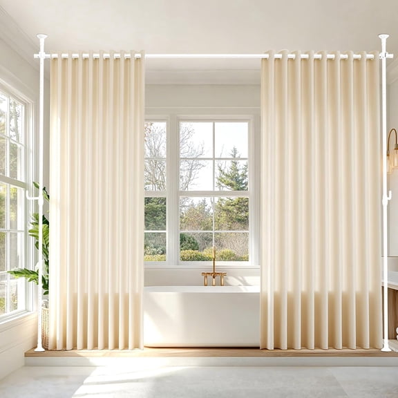 Seamless Room Divider Curtain Rod - No Drilling Space Partition Adjustable Privacy Separator 4-10ft(H) 32-80inch(W) Heavy Duty Temporary Wall Divider Floor to Ceiling Tension Rod, White