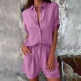 thumbnail image 2 of Conjunto de dos piezas para mujer: camiseta lisa de manga corta con botones en el cuello y pantalones cortos, poliéster spandex, moda informal para verano, 2 of 7