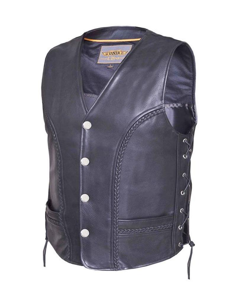 Men's Ultra Braided Motorcycle Leather Vest ,Black,Size XL