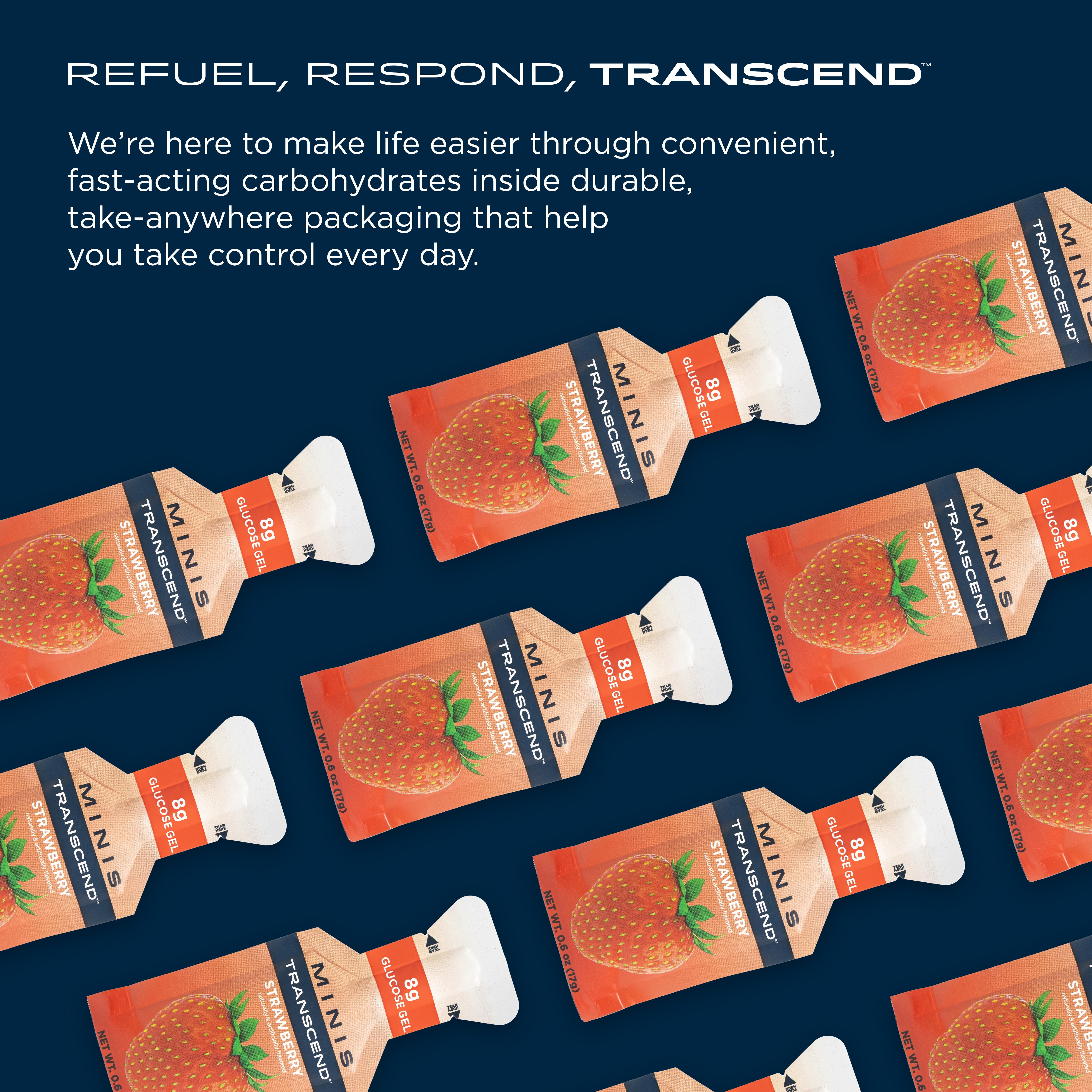Transcend Foods Mini Strawberry Gel (.6 oz, Pack of 12) Fast-Acting Carb Gel Strawberry Flavor – Travel Size, Caffeine Free, Gluten Free
