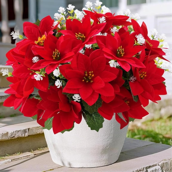 12 Bunches Mixed Fake Red Flowers Faux Eucalyptus Plants UV-Resistant for Home Garden Porch Christmas Winter Spring Outdoor Indoor Decor, 14'' Artificial Poinsettias Flowers for Outdoor