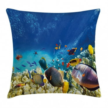 Ocean Decor Throw Pillow Cushion Cover, Fairy Underwater with Fish and Source of Oxygen Coral Aquatic Liquid Culture Scenery, Decorative Square Accent Pillow Case, 16 X 16 Inches, Multi, by Ambesonne