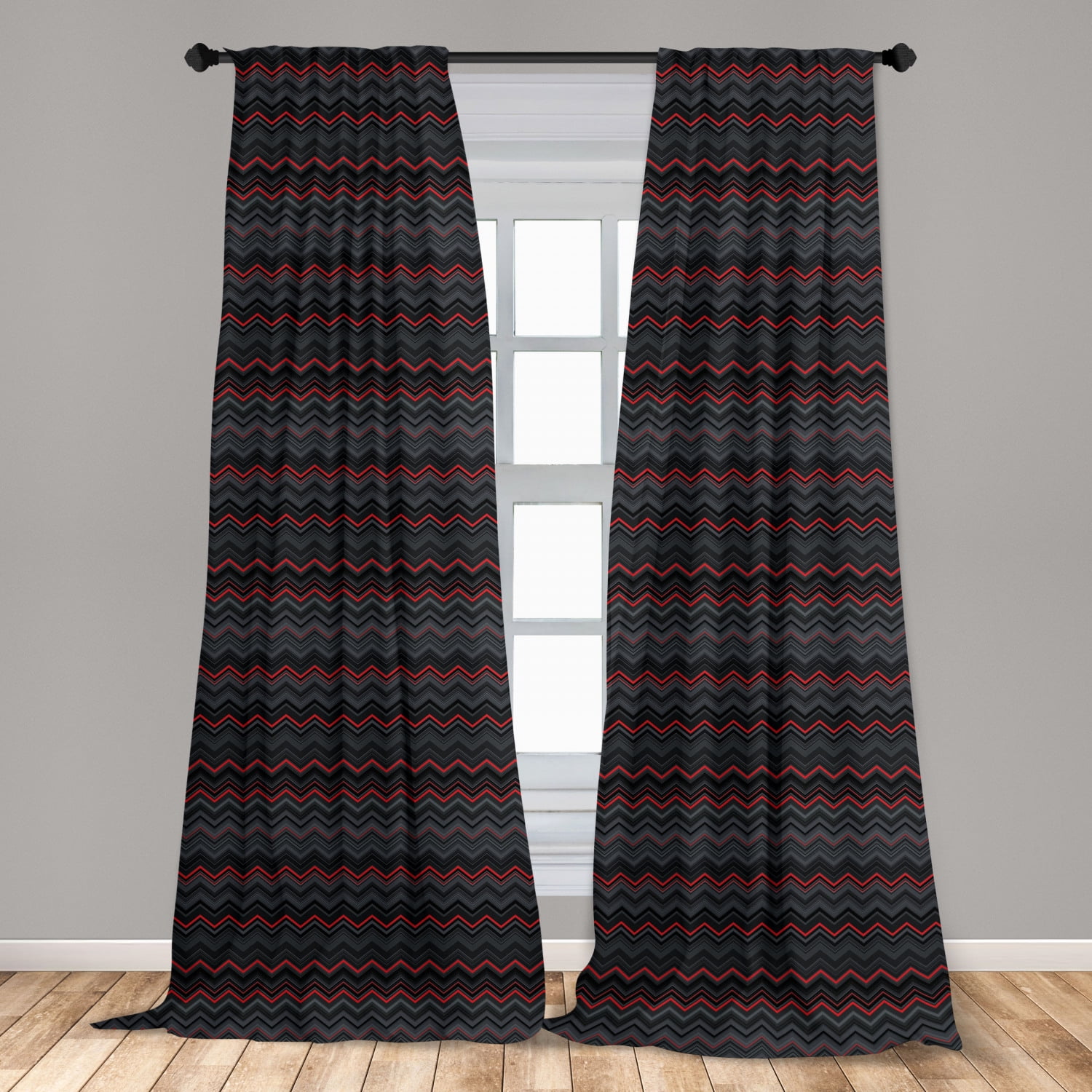 Red and Black Curtains 2 Panels Set, Horizontal Zigzag Chevron Design