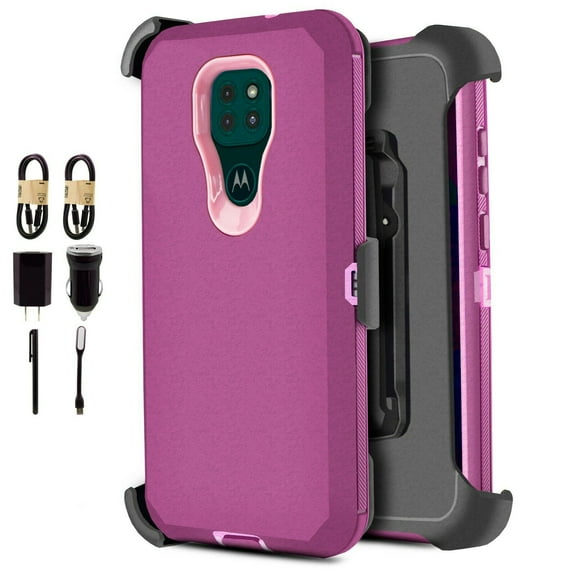 Value Pack ! for Moto G9 PLAY Phone Case 360° Cover Clip Kickstand Holster Hybrid Shock Bumper (Purple Rose)