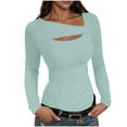 thumbnail image 2 of EchfiProm Womens Notch Neck Tops Light Blue Slim T-Shirts Ribbed Fall Long Sleeve Pullover Solid for Women, 2 of 8