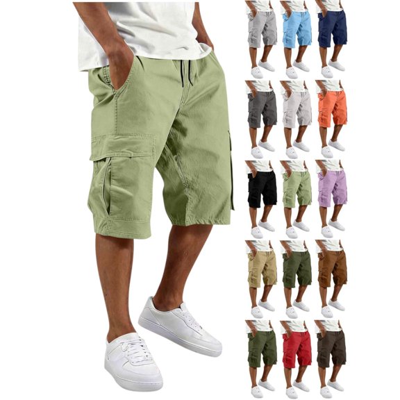 Cargo Shorts for Men Solid Color Long Capri Loose Fit Casual Pants with Big Pockets for Summer Outdoor & Travel Wear