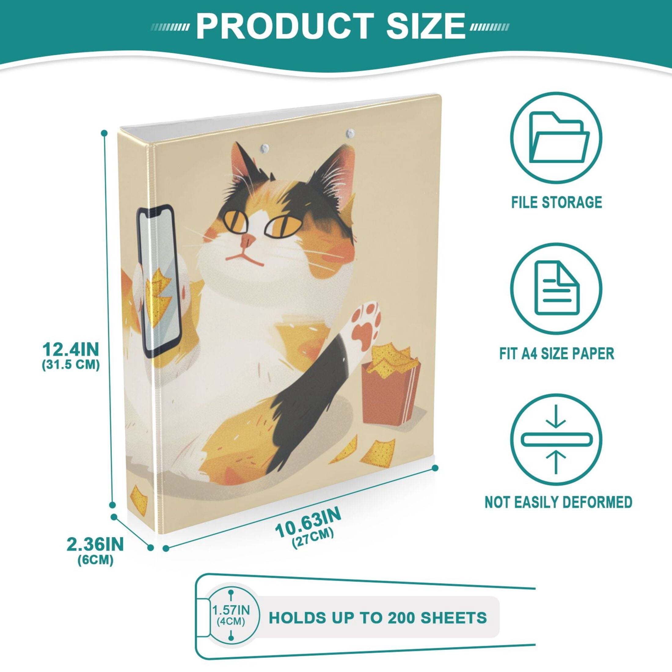 Cat Plays Phone 3 Ring Binders 1.5 inch Hardcover File Folders with Interior Pockets A4 Size Organizer for School Office Hospital