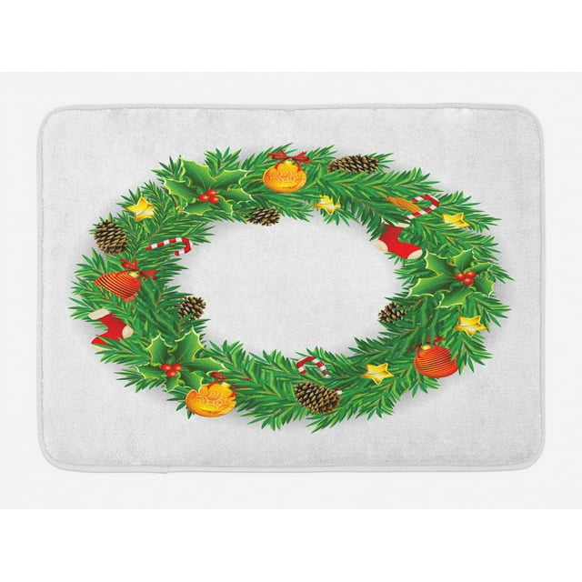 Christmas Bath Mat, Festive Wreath Evergreen with Candy Cane Stockings Mistletoe Berries on Door, Non-Slip Plush Mat Bathroom Kitchen Laundry Room Decor, 29.5 X 17.5 Inches, Green White, Ambesonne