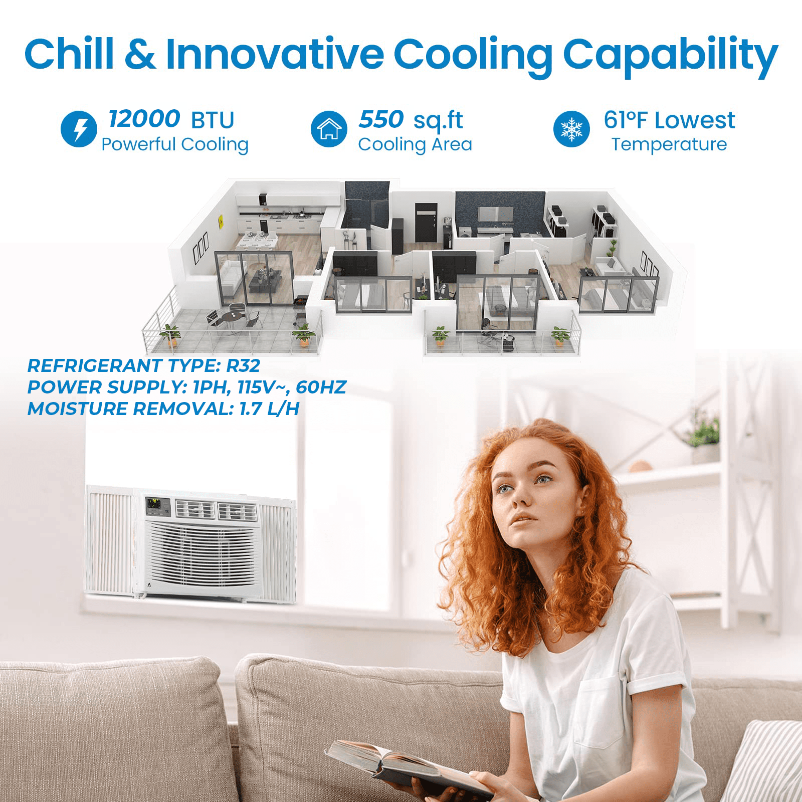 Window Air Conditioner – 12000 BTU Cooling/Dehumidifier/Fan – Ultra Quiet, Energy Efficient for Apartment, Bedroom, Living Room