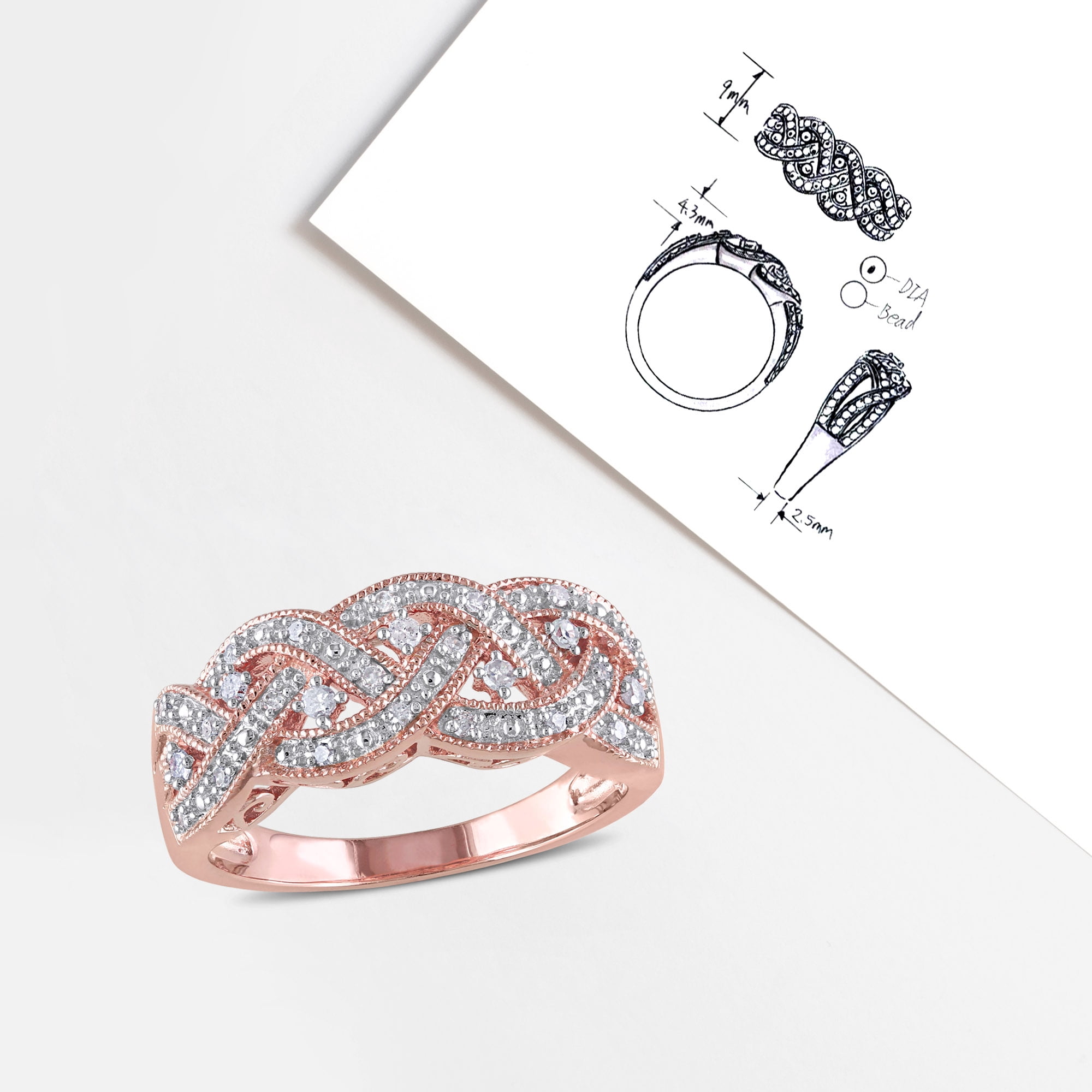 Everly Women's 0.13 CT TW Diamond Rose Gold Flash-Plated Sterling Silver Ring