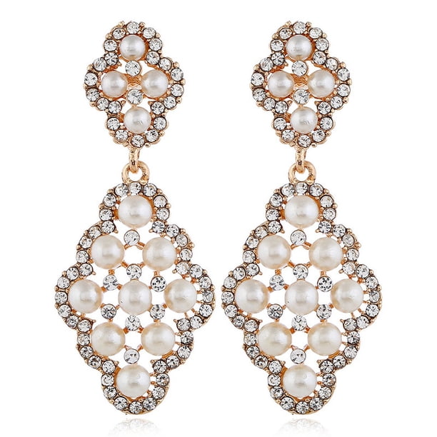 Pendientes de flores de inspiración vintage con perlas simuladas de cristal blanco para mujer, boda, novia, rombo, cristal simulado