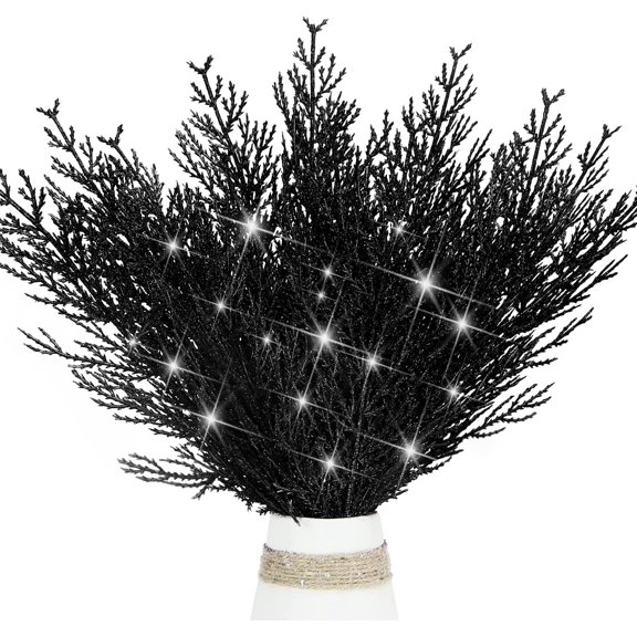 20Pcs Glitter Christmas Tree Picks Cedar Sprays 13" Artificial Pine Needles Branches Glittery Decorative Sticks Ornaments Fake Pine Stems for Xmas Tree Vase Filler Garland Craft Decoration