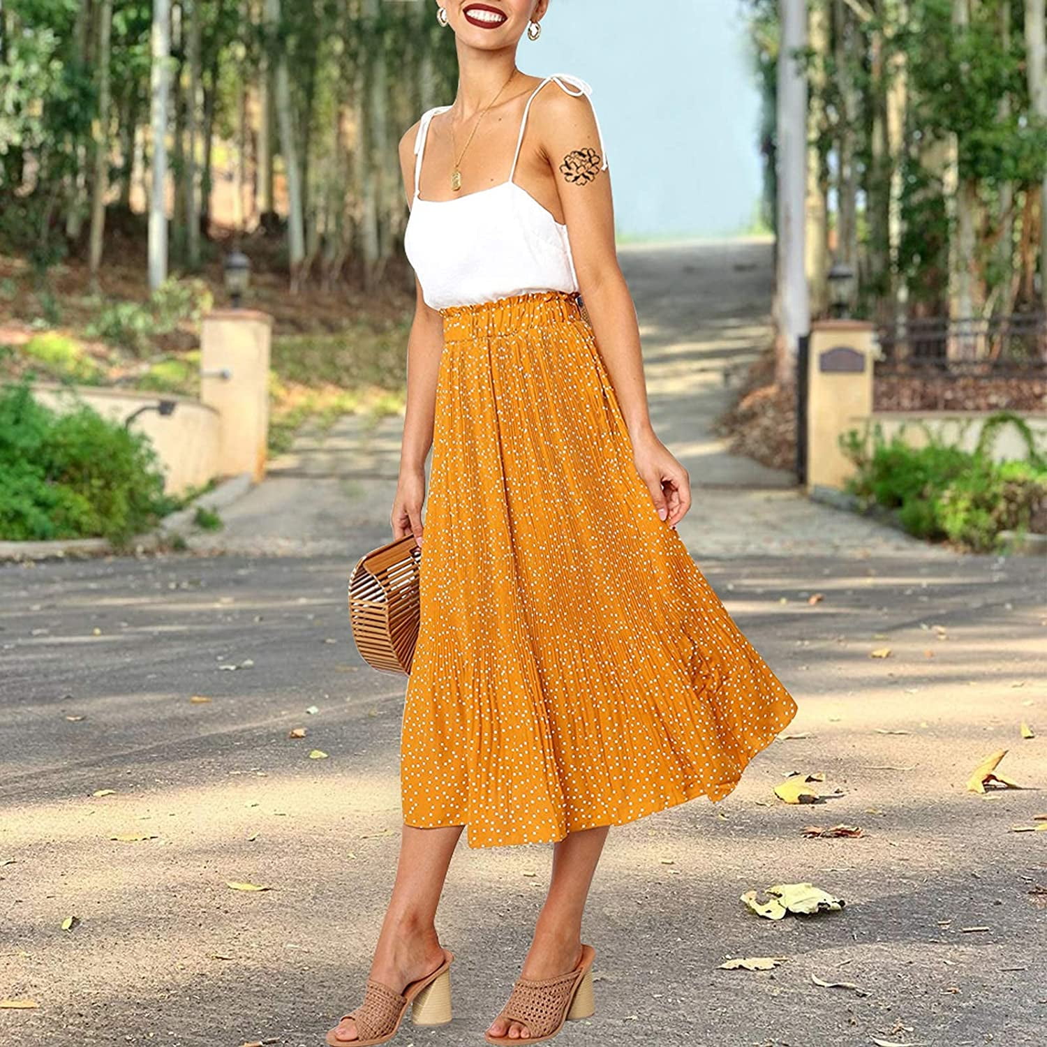 Womens High Waist Polka Dot Pleated Skirt Midi Swing Skirt with Pockets
