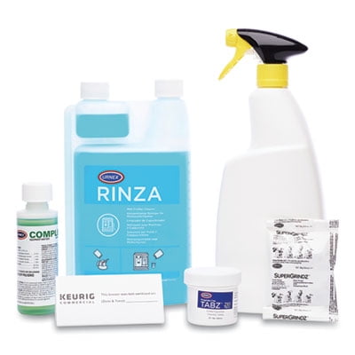 

Keurig Bean to Cup Brewer Deep Cleaning Kit 4oz Complete Caf;(3) 32oz Rinza; (12)Tabz Z61;(3) SuperGrindz A01;Spray Bottle (5000359701)G7