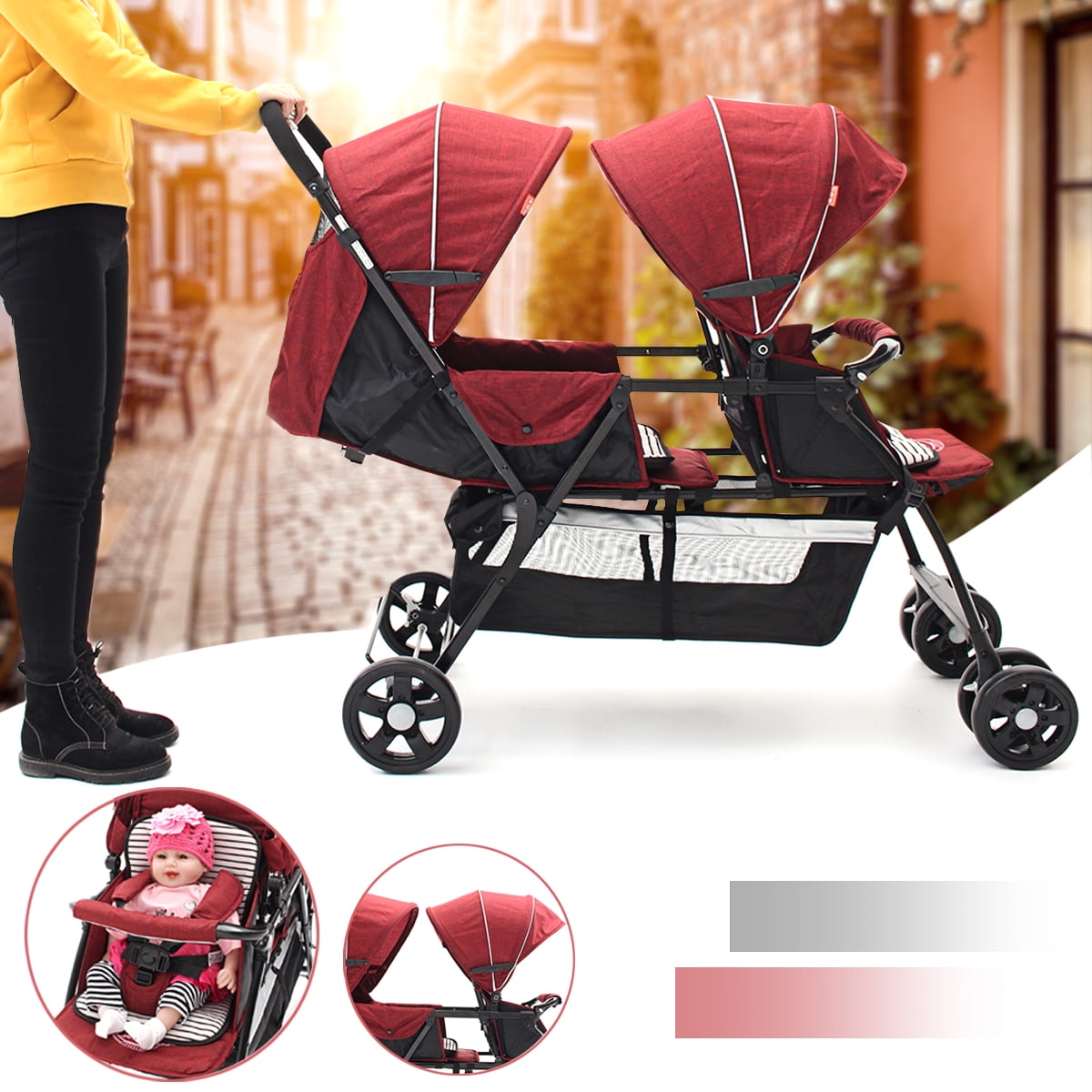 2 in 1 Foldable 360 ° Roate Double Pushchair Baby Toddler Kids Trolley