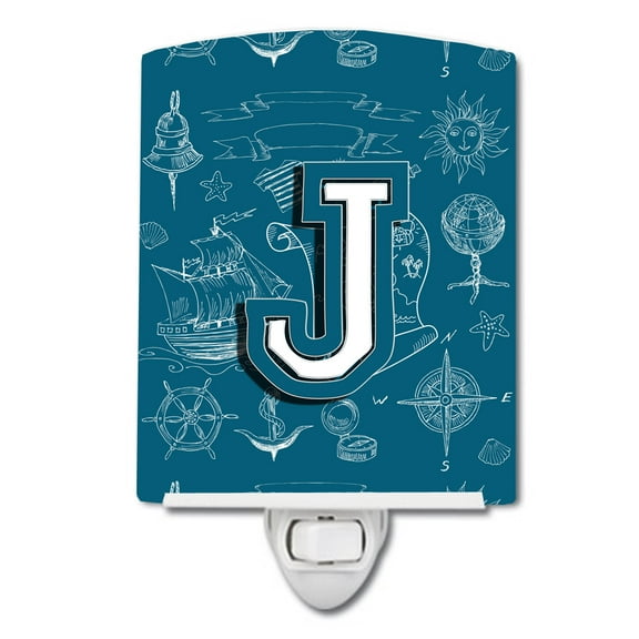 Caroline's Treasures CJ2014-JCNL Letter J Sea Doodles Initial Alphabet Ceramic Night Light, 6x4x3", multicolor