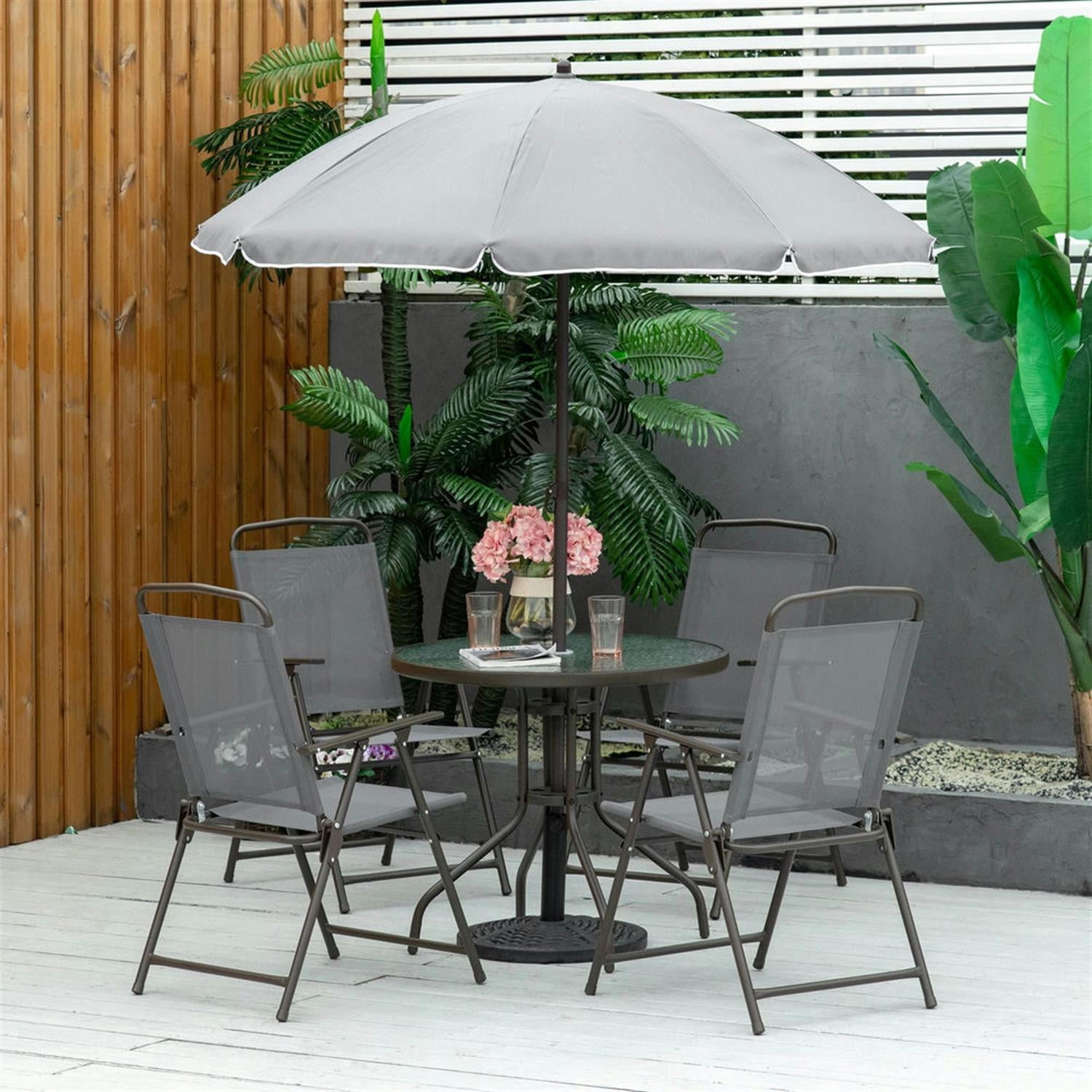 Demi Bonn 6-Piece Outdoor Dining Set with Umbrella, 4 Folding Chairs & Round Glass Table for Garden & Patio, Gray