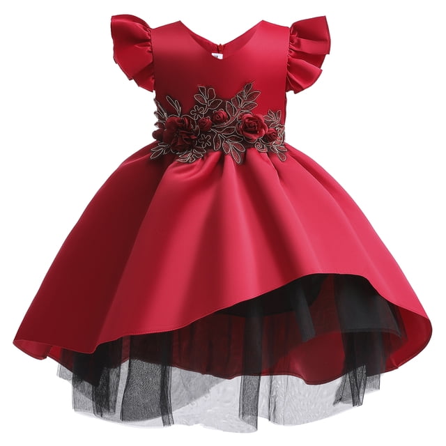 Elegante vestido de princesa de encaje, vestidos con bordados de flores para niñas, vestidos vintage para niñas, vestidos para fiesta de Navidad, vestido de baile rojo