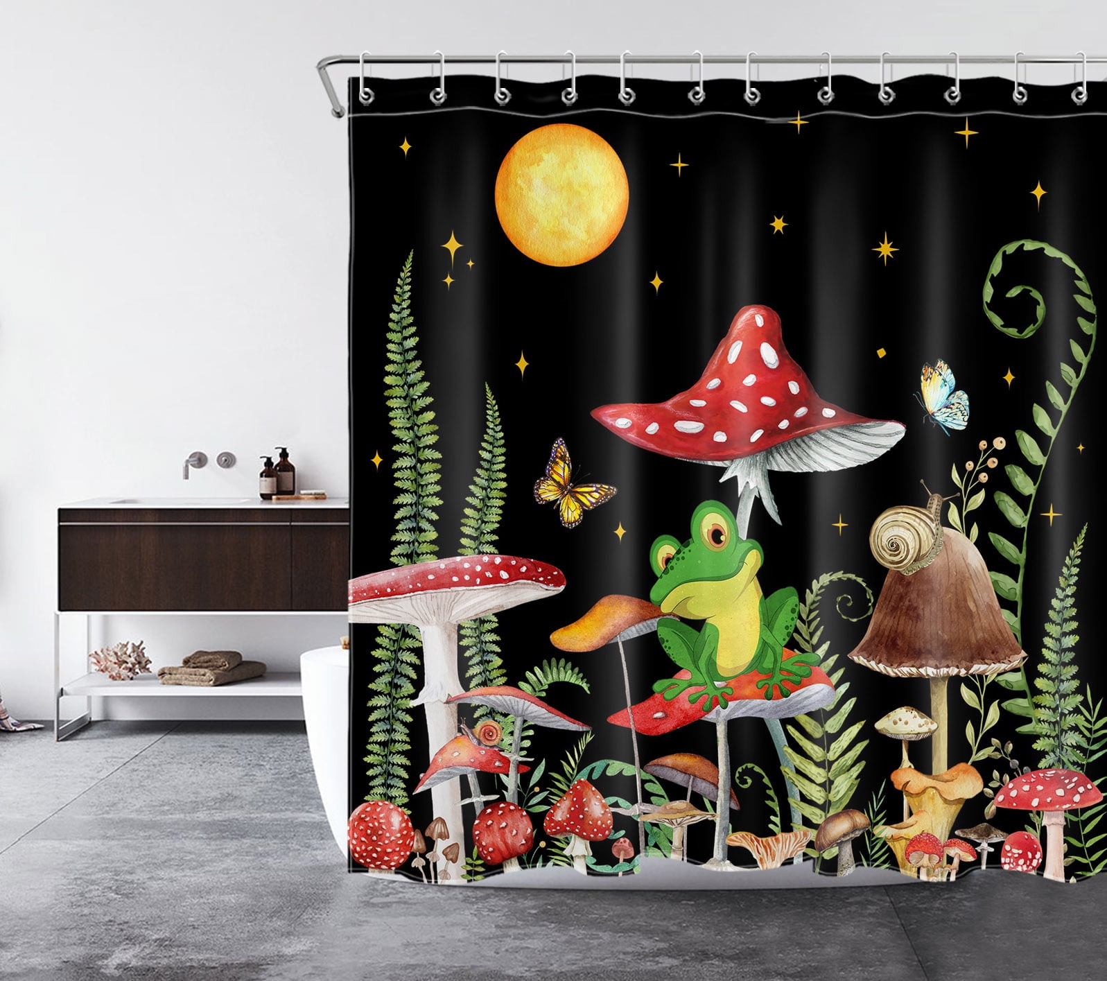 HVEST Mushroom Shower Curtain, Fairy Mushrooms and Frog with Leaves Moon Bathroom Shower Curtain  Plant Black Polyester Fabric Decor Curtain with Hooks, 72X72 inch