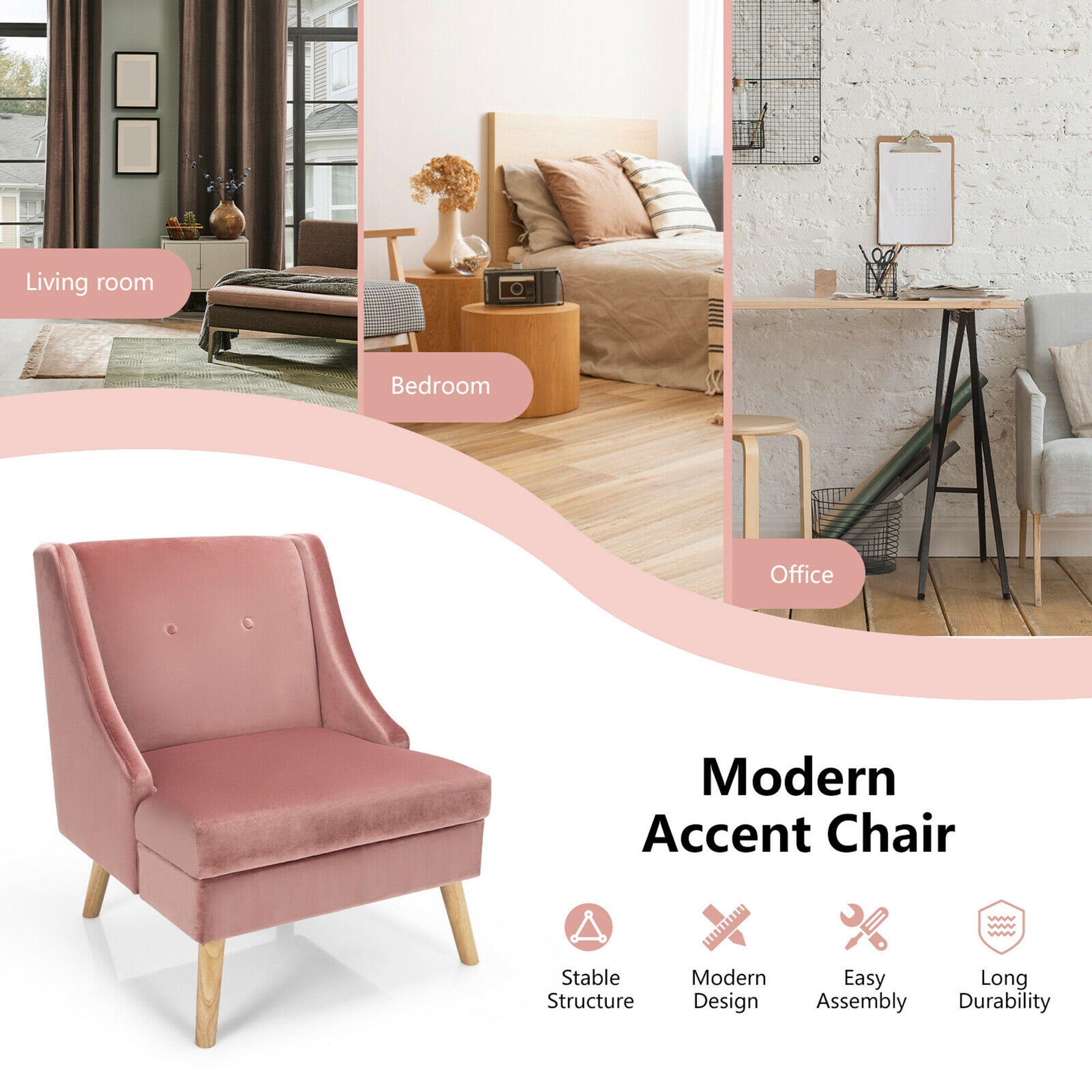 Gymax Velvet Upholstered Swoop Arm Accent Chairs with Rubber Wood Legs, Pink
