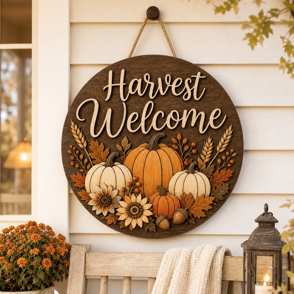 Pumpkin Harvest Welcome Wooden Door Sign for Thanksgiving Porch