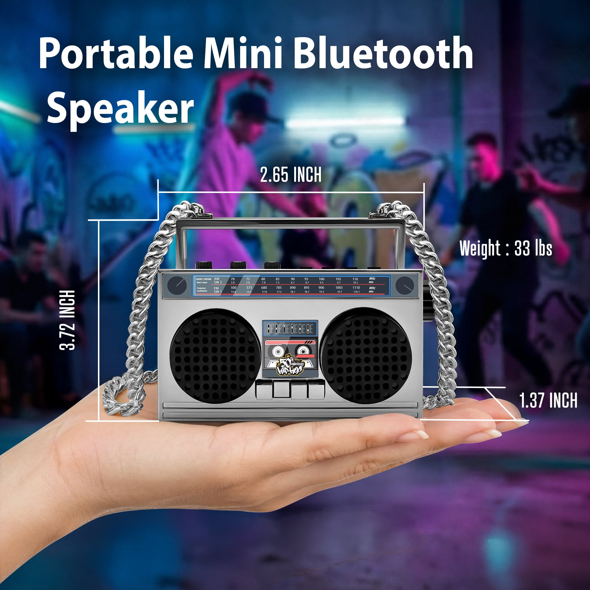 Portable Mini Bluetooth Wireless Speaker Retro Wearable Boombox with 27 Inch Necklace, FM Radio, On Board Buttons, with Dual 6W Peek Power Micro Speakers, and Long Lasting Battery