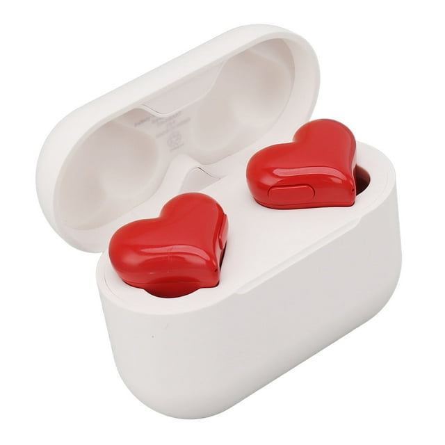 Écouteurs-boutons, Écouteurs Multifonctions à Réduction de Bruit Confortables pour la Musique, Dotés d'Un design unique en Forme de Cœur en Rouge Vif, Logés dans un Étui de Recharge Blanc. Ces Écouteurs-Boutons Sont Fabriqués en PC et en ABS, Incluent une Technologie à Réduction de Bruit pour une Qualité Sonore pure, et Sont Compatibles Bluetooth pour une Connectivité Sans Fil. l'Ensemble Comprend un Étui de Recharge, Deux Écouteurs-Boutons, un Câble de Recharge, un Manuel et Huit Bouchons d'Oreille.