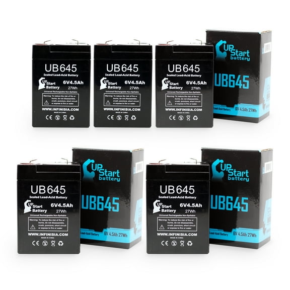 5x Pack - Compatible APC SmartUPS 370 Battery - Replacement UB645 Universal Sealed Lead Acid Battery (6V, 4.5Ah, 4500mAh, F1 Terminal, AGM, SLA) - Includes 10 F1 to F2 Terminal Adapters