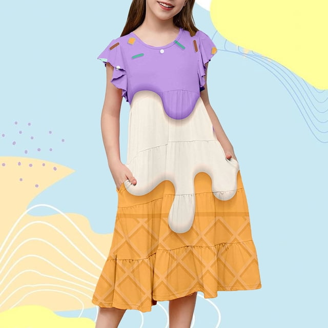 Robes pour Filles Adolescentes Manches Volantes Imprimés Robe de Fête pour Enfants Événements de Danse