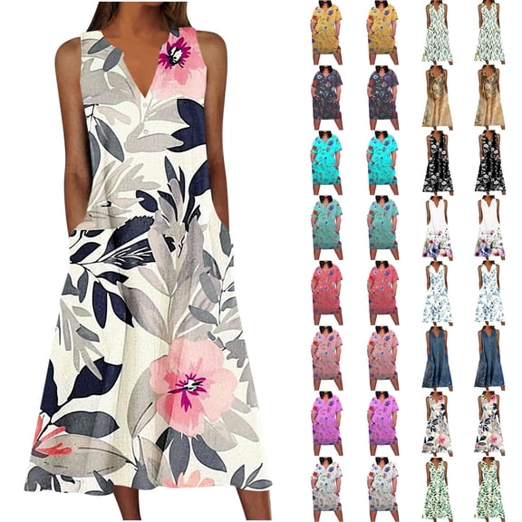 YOTAMI Summer Dresses for Women Plus Size Beach Vacation Casual Dresses with Pocket Sleeveless Boho Floral Print Swing Midi Dress