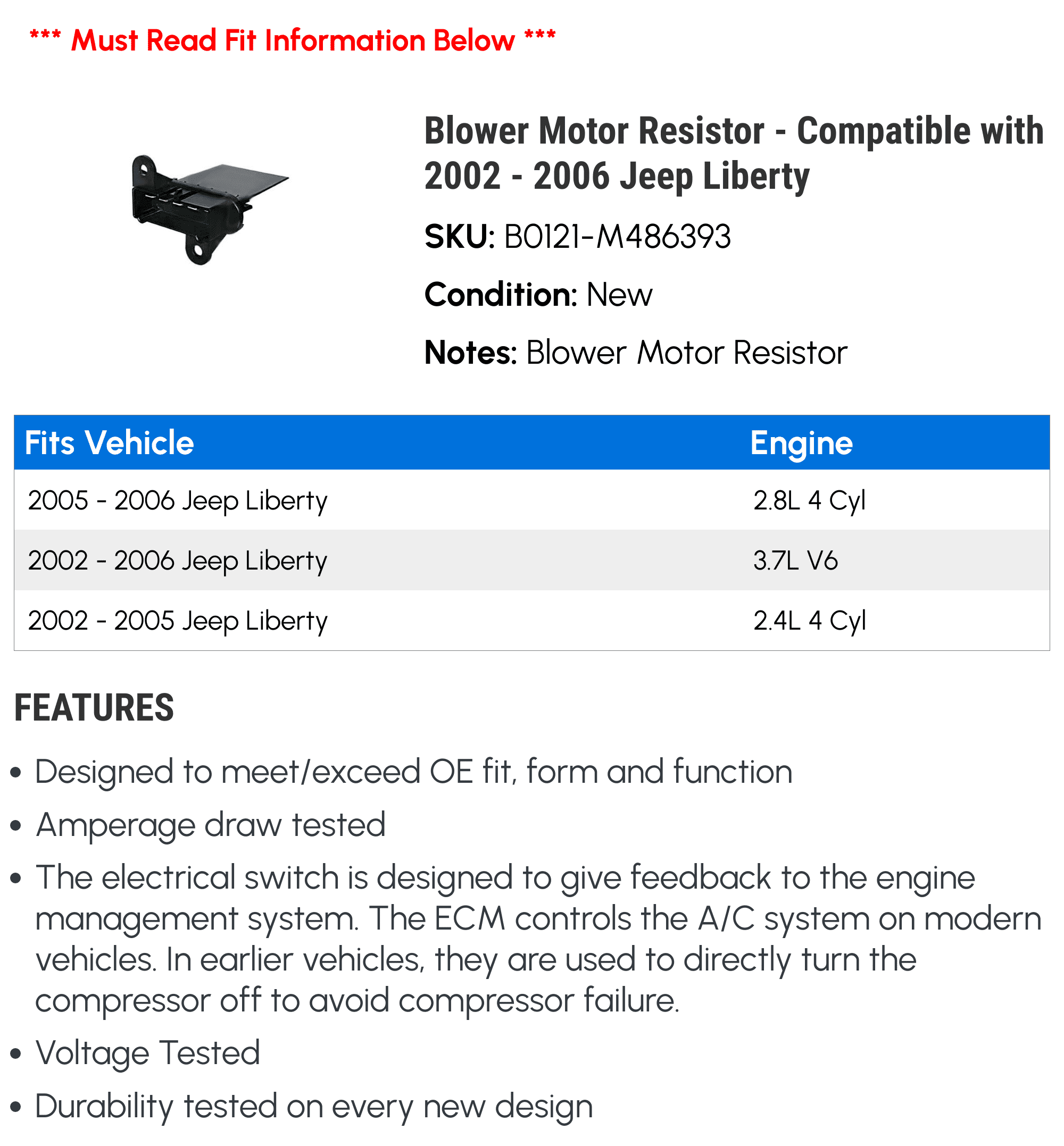 Blower Motor Resistor - Compatible with 2002 - 2006 Jeep Liberty 2003 2004 2005
