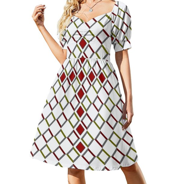 Patrs de cruz cristiana - cruz con múltiples cuadrados o rombo - diseño rojo verde Vestido de manga corta