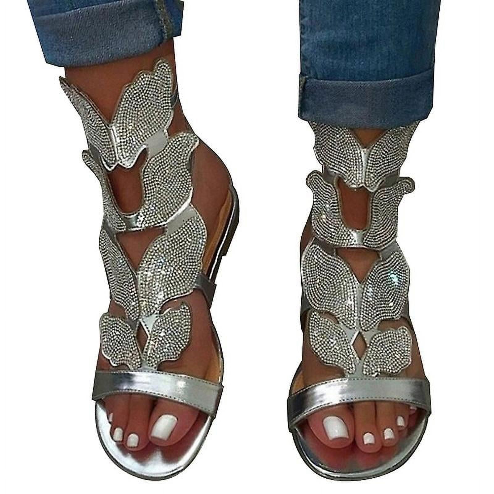 Women s Butterfly Gladiator Sandals Glitter Flat Shoes Bling Strap Summer Casual Shoes Walmart
