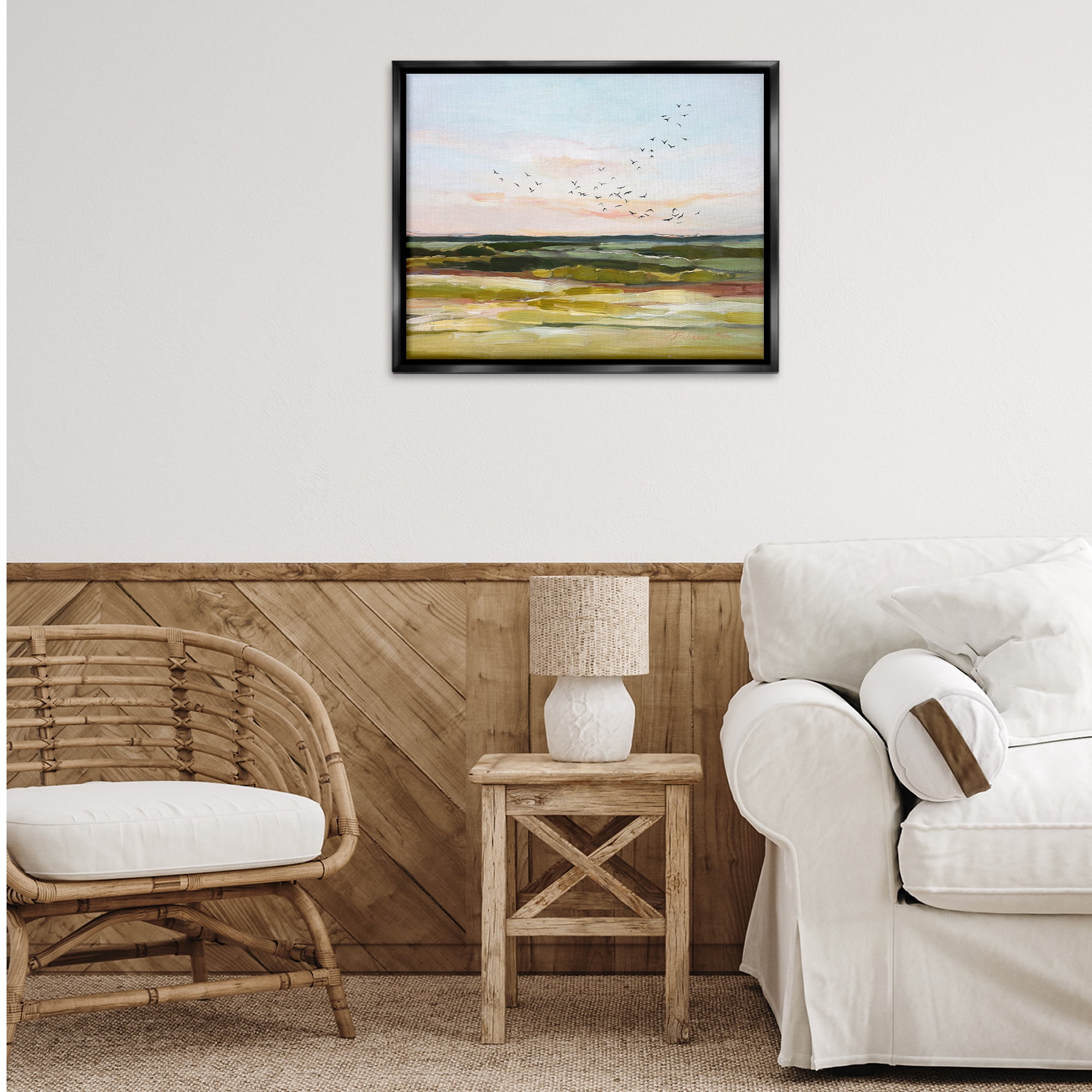 Stupell Industries Bird Flock over Grassland Landscape & Nature Painting Black Floater Framed Canvas Art Print Wall Art, 31 x 25