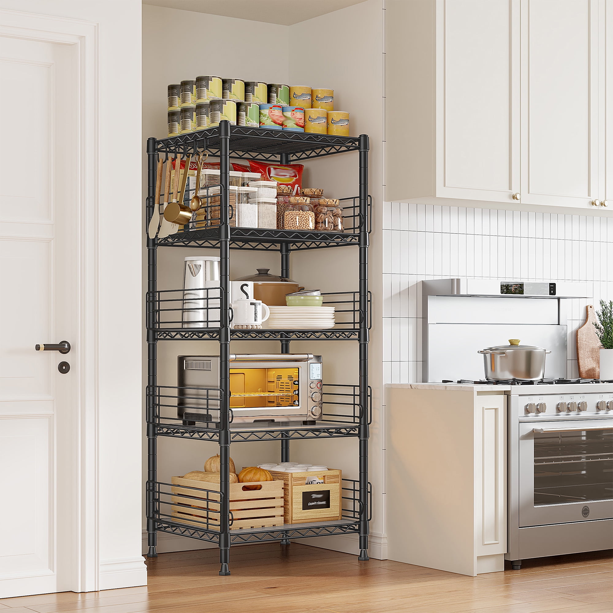 REIBII 5-Tier Wire Shelving Unit Shelves with 4.7"Side Guards,18.1"Wx18.1"Dx59"H, Heavy Duty Metal Storage Rack with Shelf Liners & Hooks for Kitchen,Pantry,Small Spaces,Black