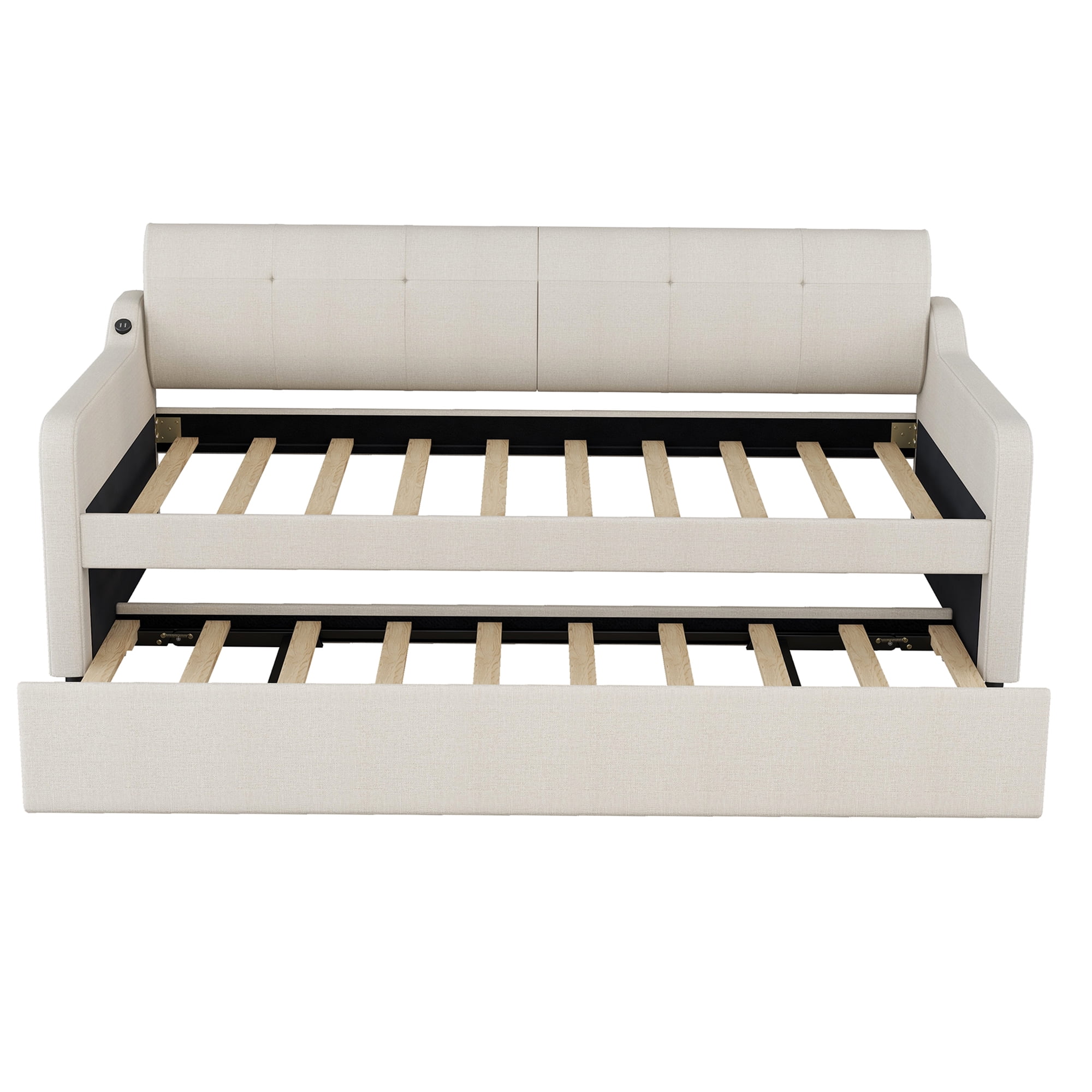 Alvantor Twin Upholstered Daybed with Trundle, Wood Sofa Bed With USB Port for Living Room Bedroom, Beige