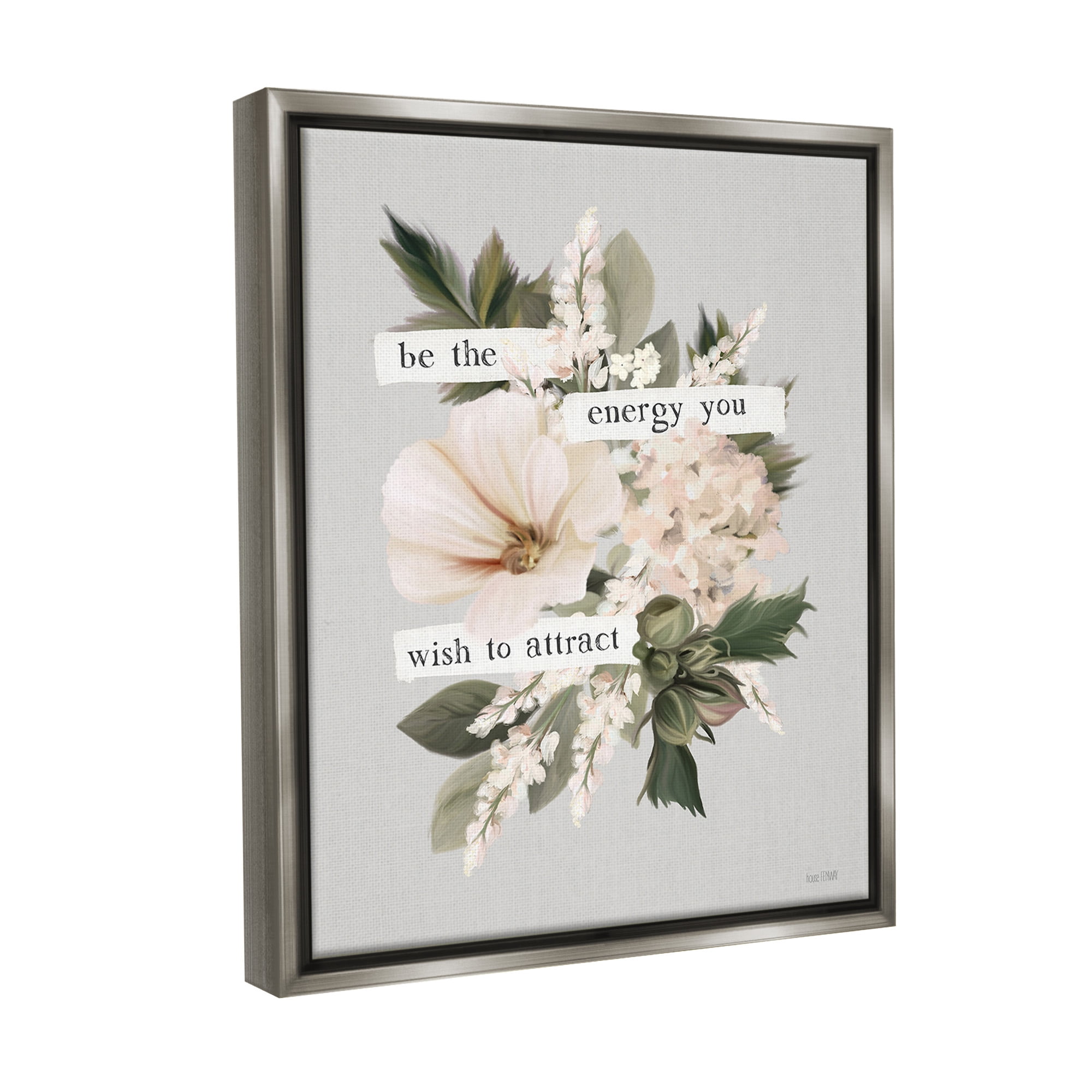 Stupell Industries Inspirational Be The Energy Botanical & Floral Painting Gray Floater Framed Canvas Art Print Wall Art, 25 x 31