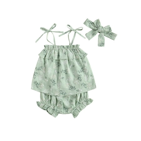 

Canrulo 3Pcs Toddler Baby Girl Summer Floral Outfits Shoulder Strap Top + Ruffled Shorts + Headband Casual Clothes Green 0-6 Months