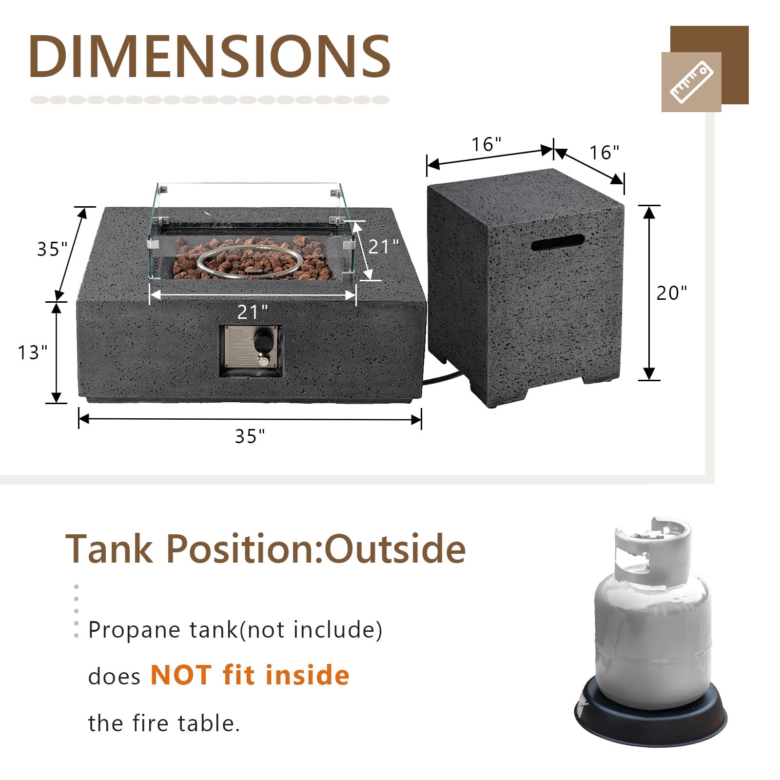 VENTOPYR 35''Outdoor Square Propane Fire Pit Table with Tank and Wind Guard