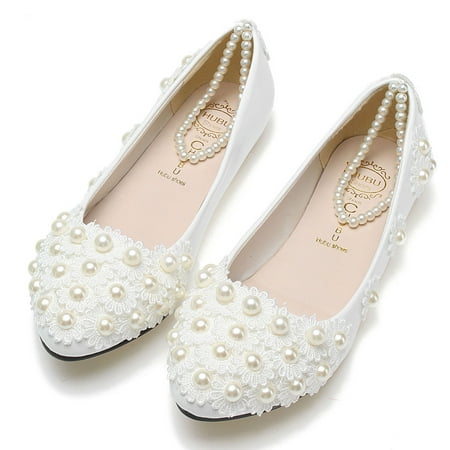 Chic Women White Lace Wedding Shoes Pearls Ankle Strap Bridal