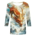 thumbnail image 5 of Nrmvnmi 2024 Summer Women's 3/4 Sleeve Round Neck Dragon PrintsT-Shirt Slim Tops Casual Work Cute Light Color Losses Mothers Day Gifts, 5 of 5