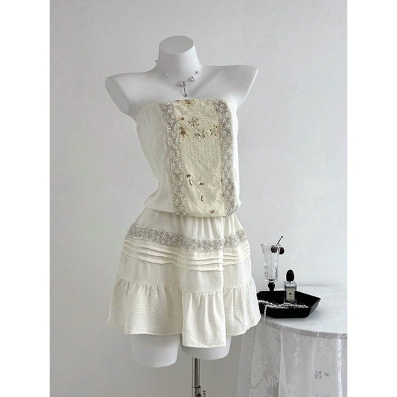 Women Sequin Decor Strapless Mini Dress with Ruffled Skirt